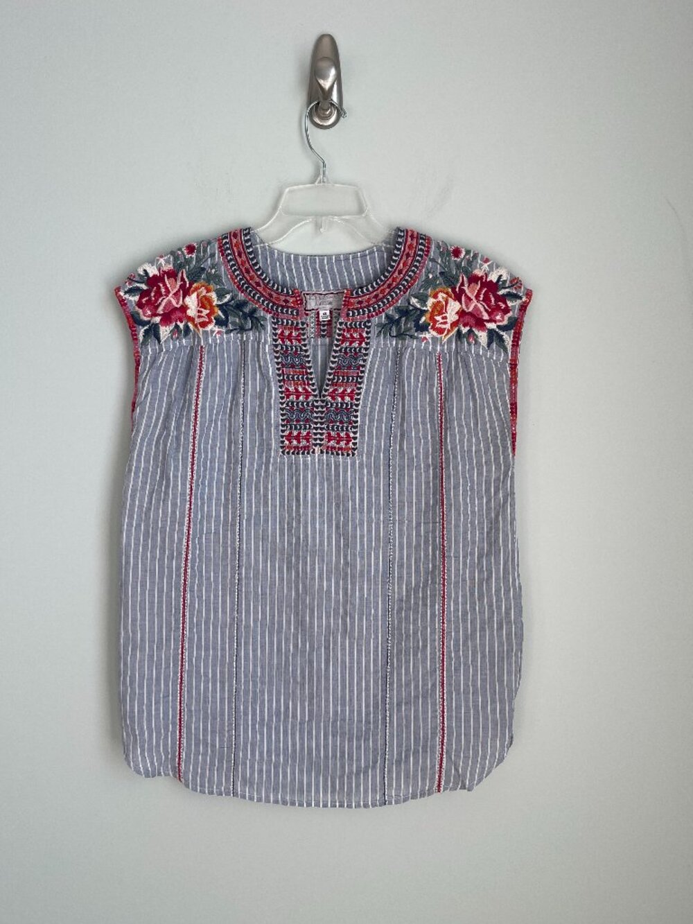 Johnny Was Workshop Blue Embroidered Striped Archie Weekend Top Oversized